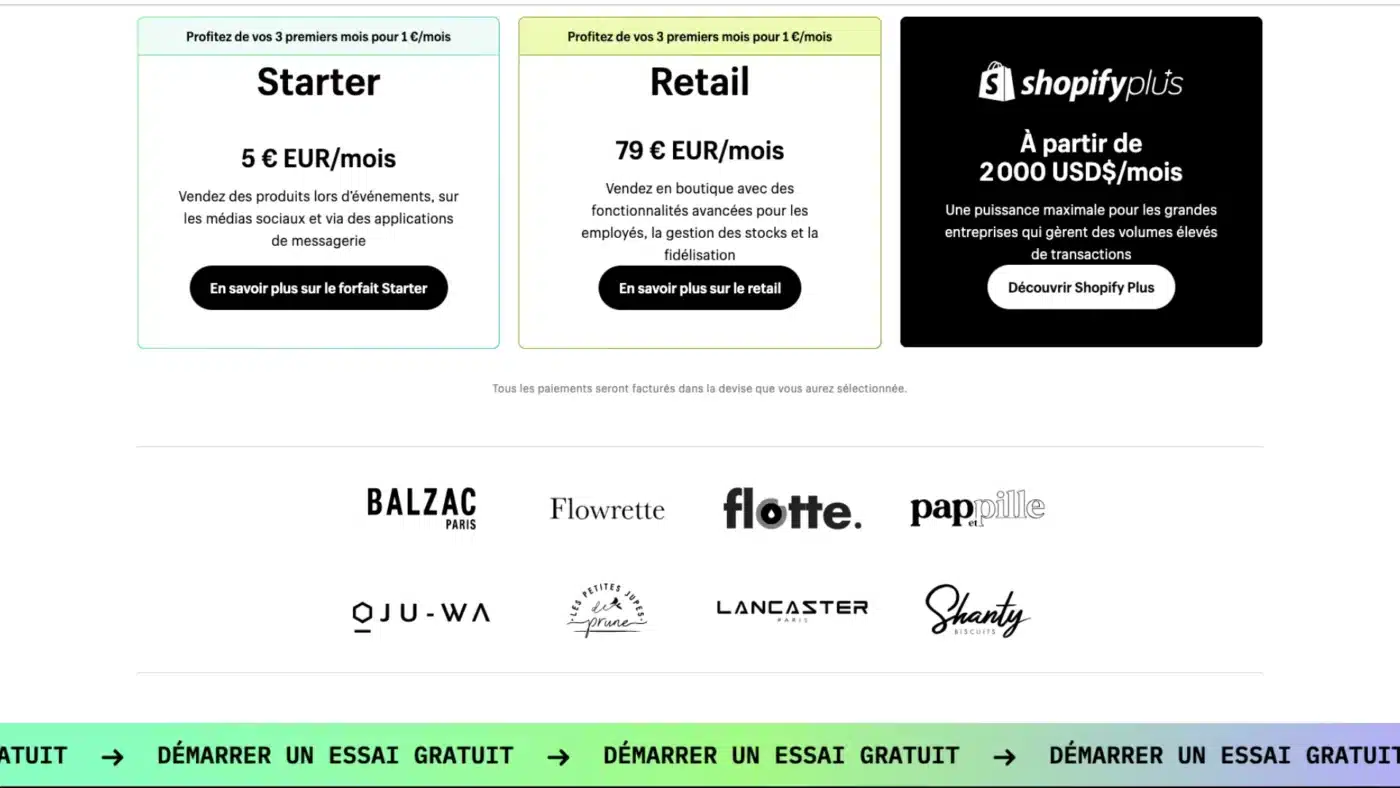 Prix Plan Shopify Starter  5€Mois