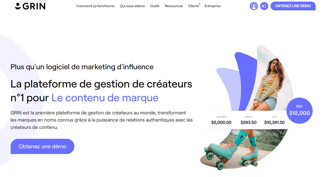 page accueil grin.io outils plateforme marketing d'influence