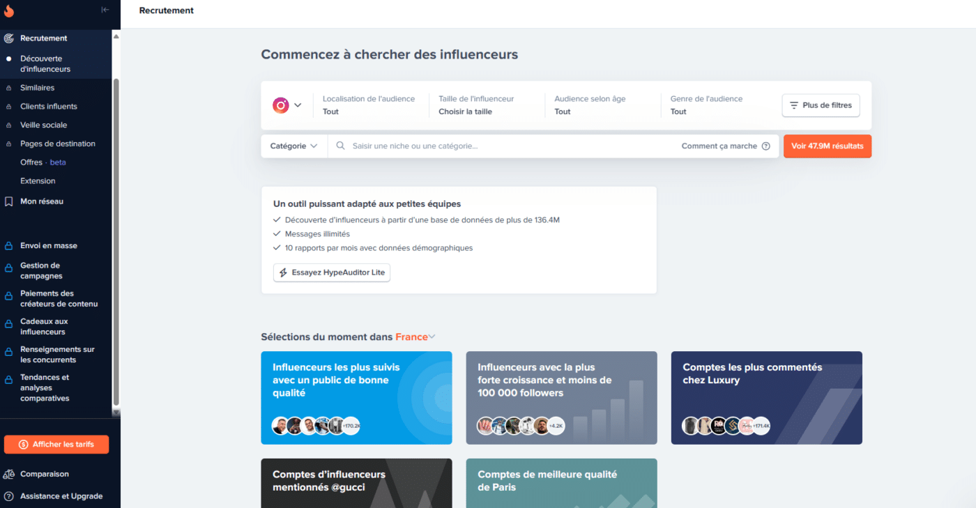 page accueil hypeauditor marketing d'influence