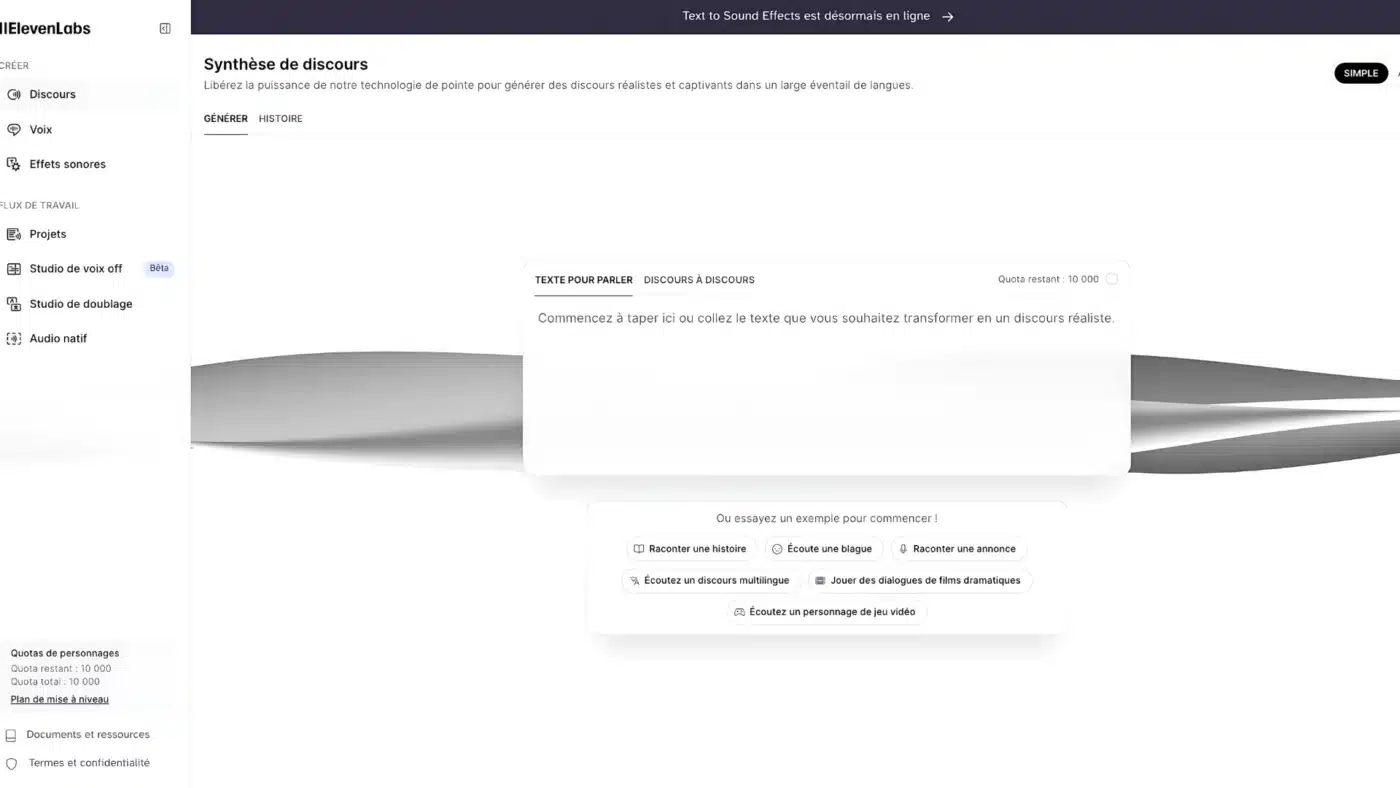 Interface utilisateur (Dashboard) ElevenLabs