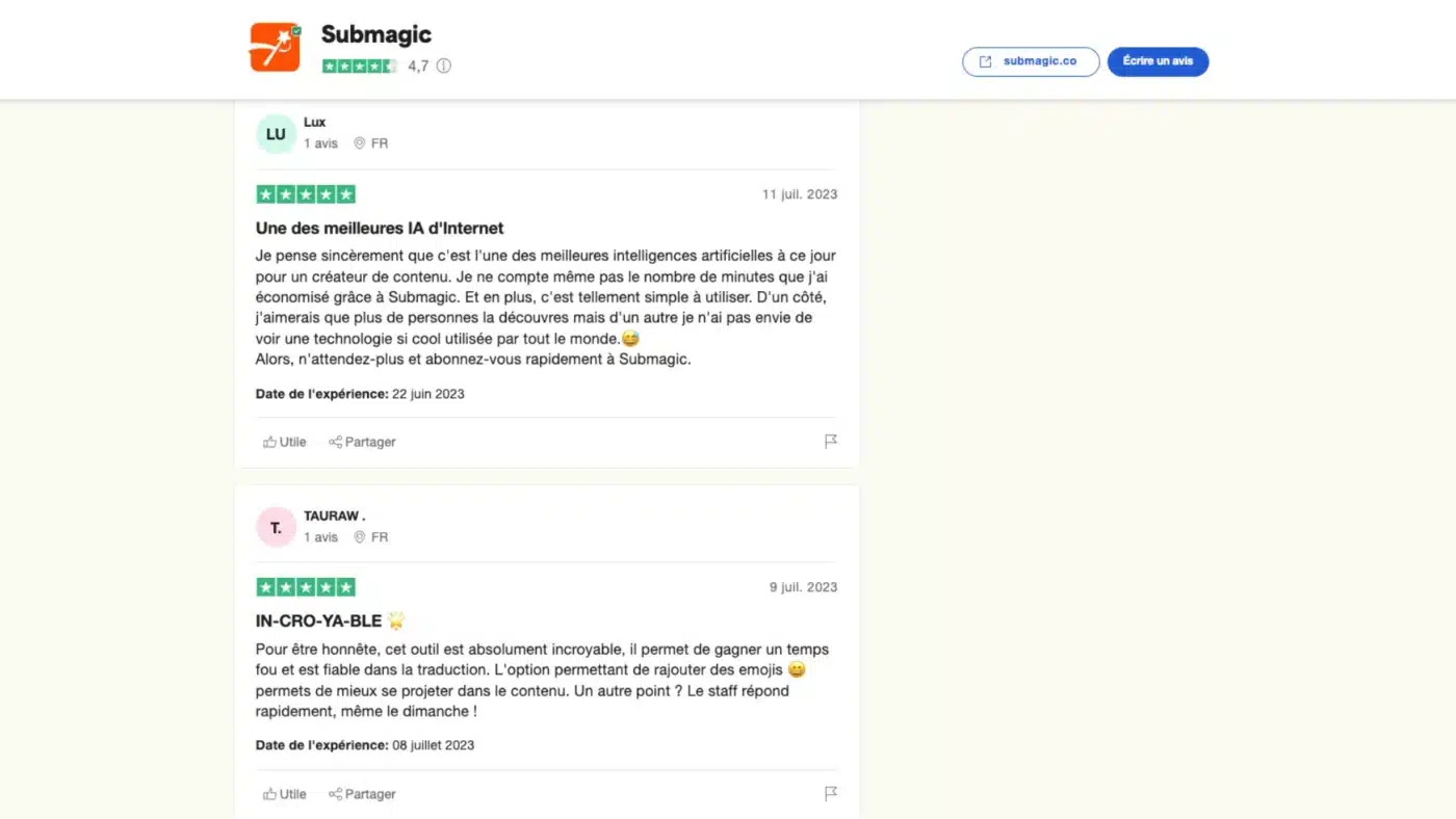 Avis et Témoignages Submagic sur Trustpillot