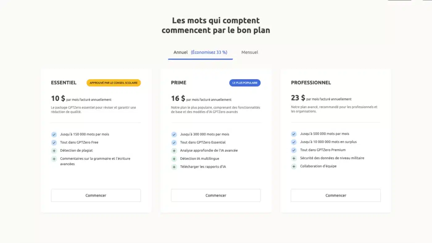 GPTZero Prix et Tarif des plans