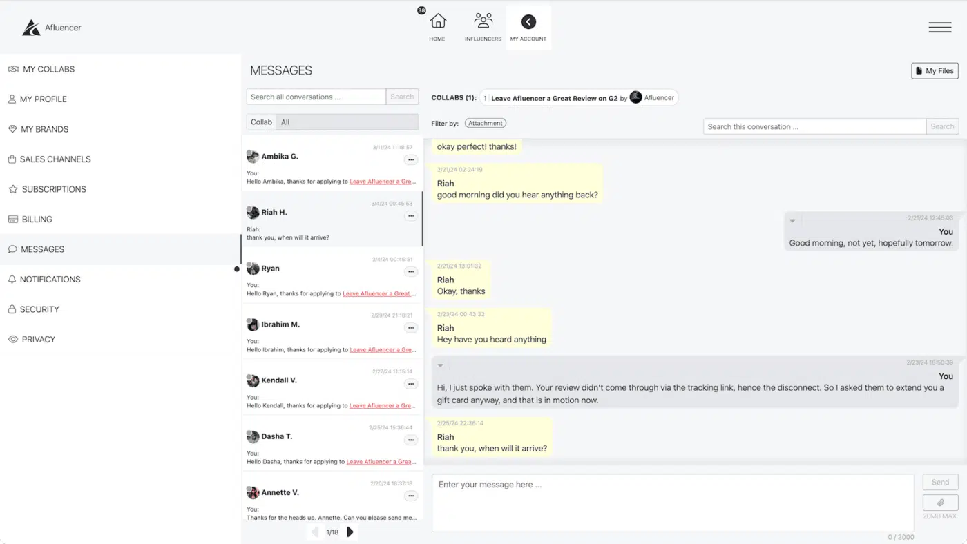 messagerie instantanée marque influenceurs sur afluencer
