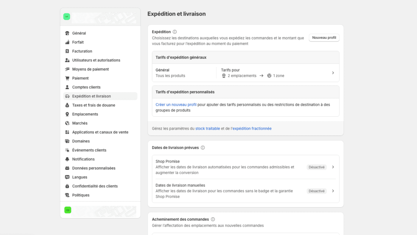 Configuration de l'expédition et des taxes